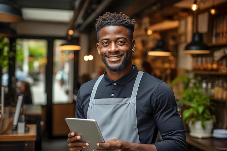 Proprietário de restaurante segurando tablet com interface do hiDishe, demonstrando as soluções de gestão
